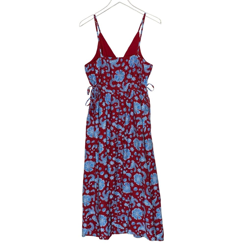 Loft Floral Side Tie Midi Pocket Dress 14P NEW Tiered Stretch Bodice Red Blue - Picture 3 of 10